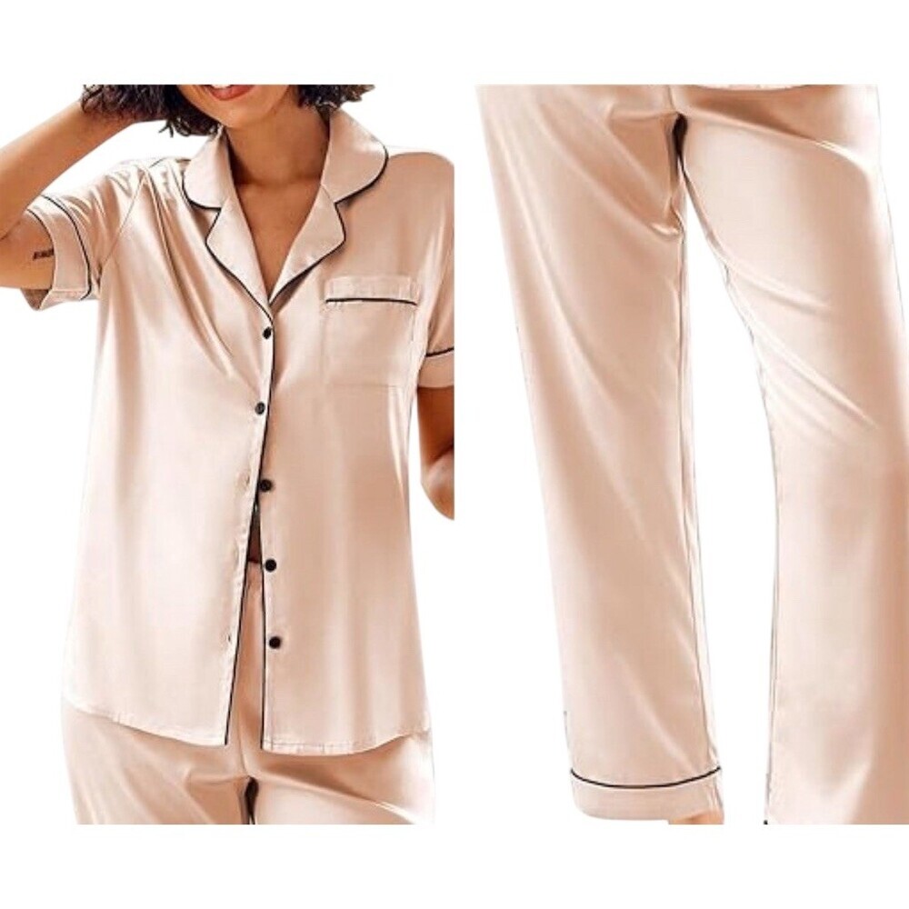 Champagne Pajama Set Womens Satin Button-Down Top & Pants​ - Picture 2 of 3